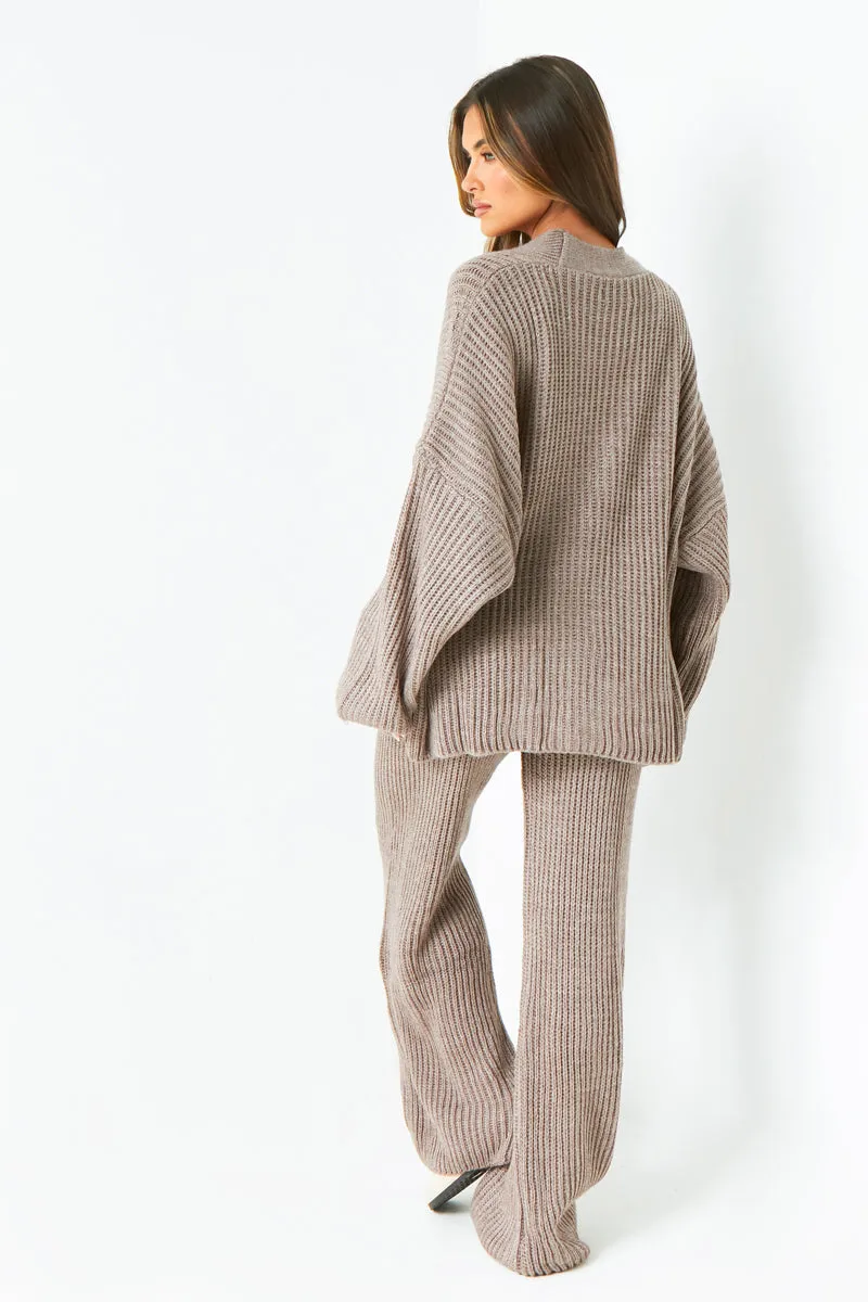 Chantelle Mocha Chunky Knit Cardigan & Trouser Co-Ord Set