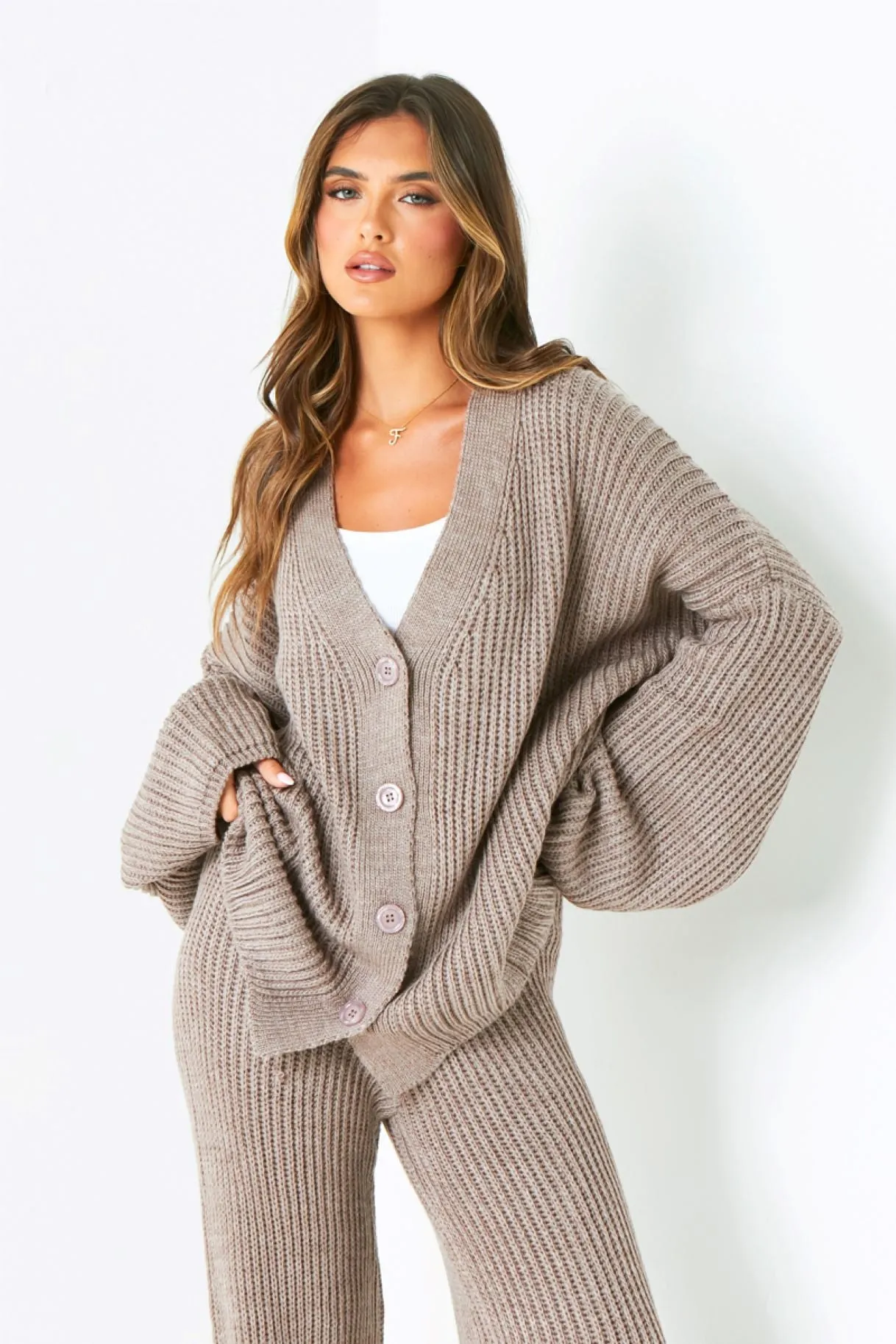 Chantelle Mocha Chunky Knit Cardigan & Trouser Co-Ord Set