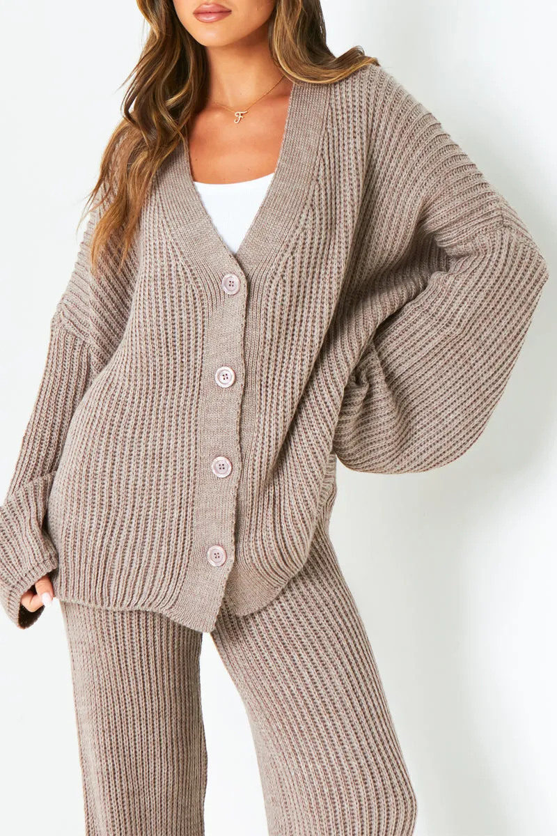 Chantelle Mocha Chunky Knit Cardigan & Trouser Co-Ord Set