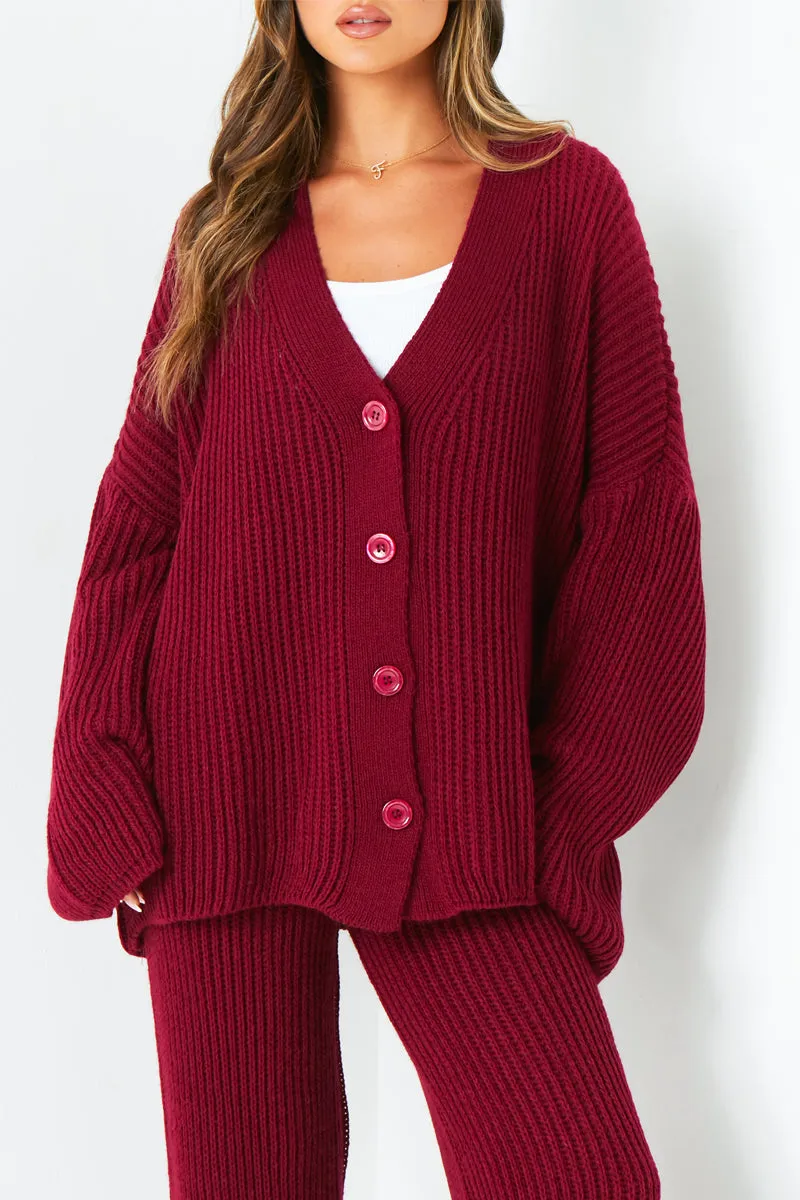 Chantelle Wine Chunky Knit Cardigan & Trouser Co-Ord Set