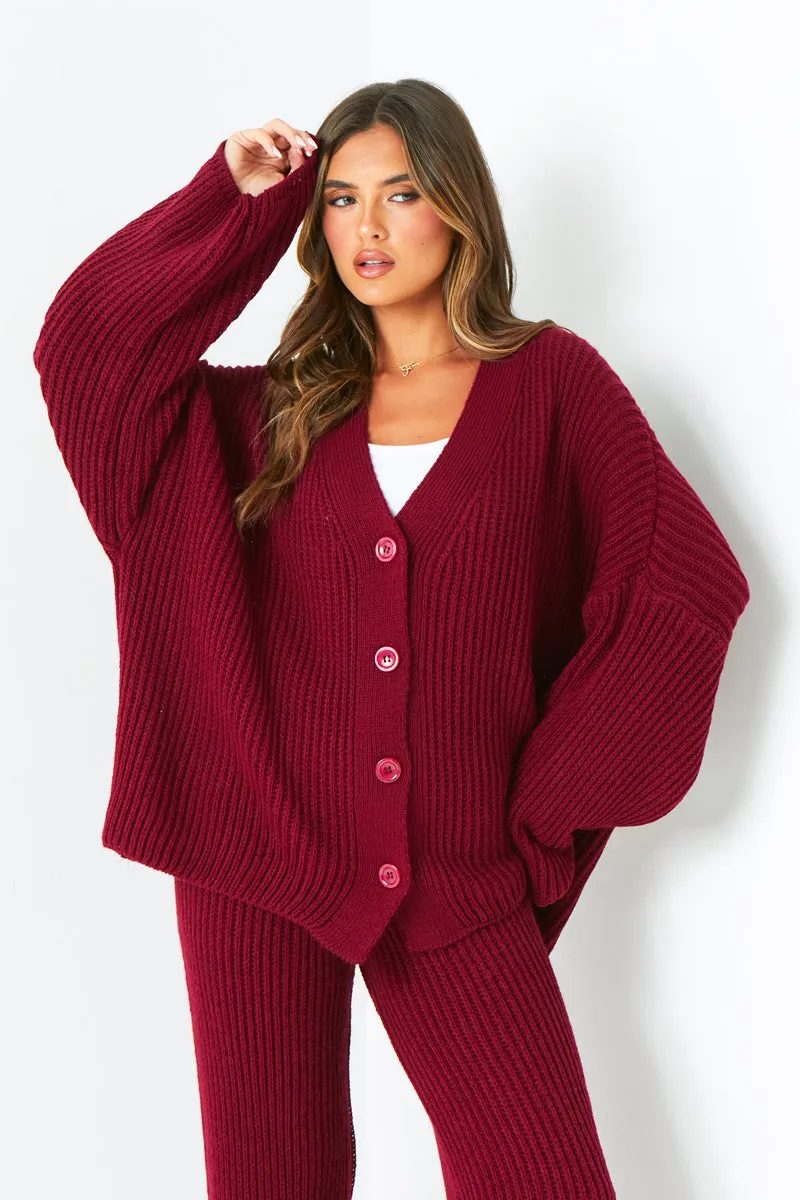Chantelle Wine Chunky Knit Cardigan & Trouser Co-Ord Set