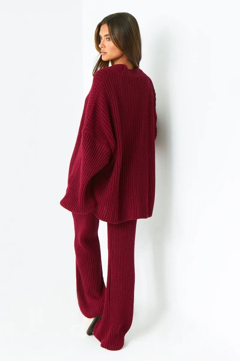 Chantelle Wine Chunky Knit Cardigan & Trouser Co-Ord Set