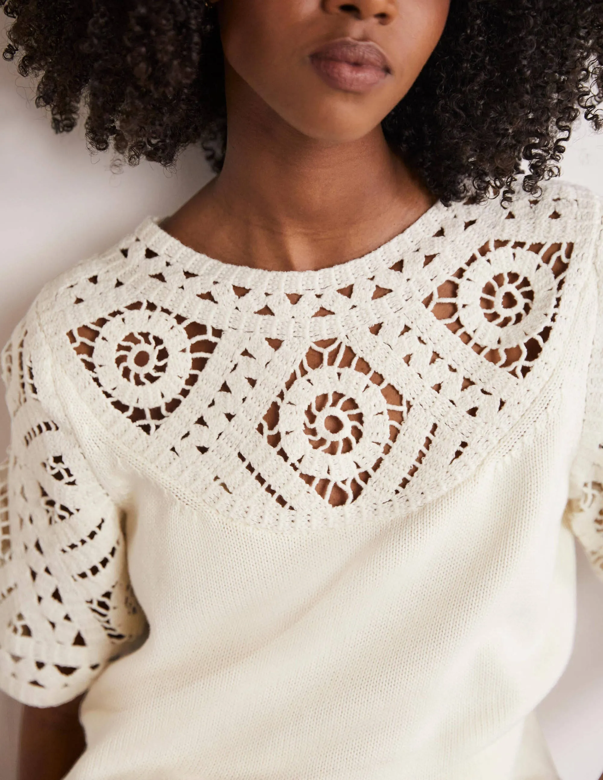 Crochet Detail Knitted T-shirt-Ivory