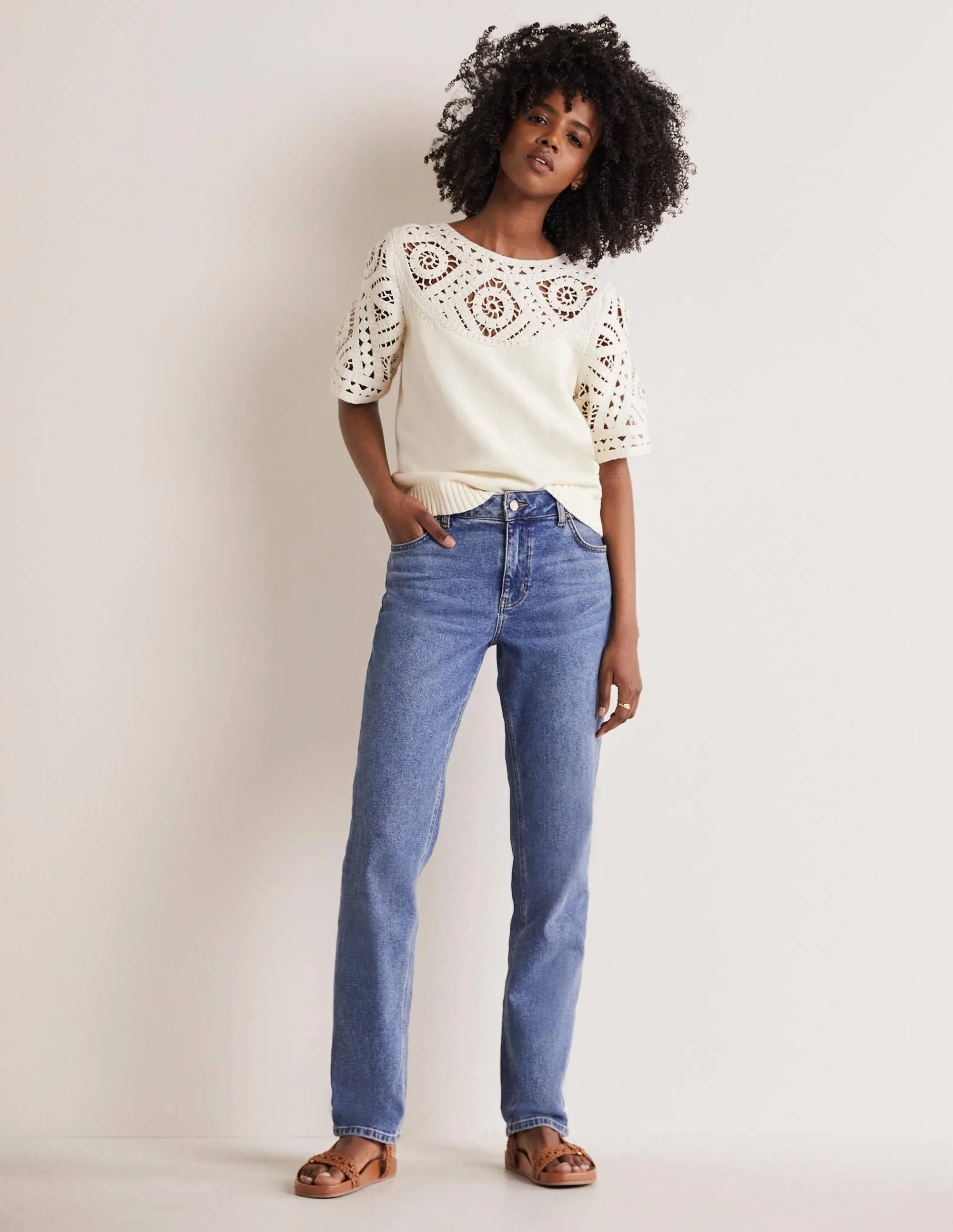 Crochet Detail Knitted T-shirt-Ivory