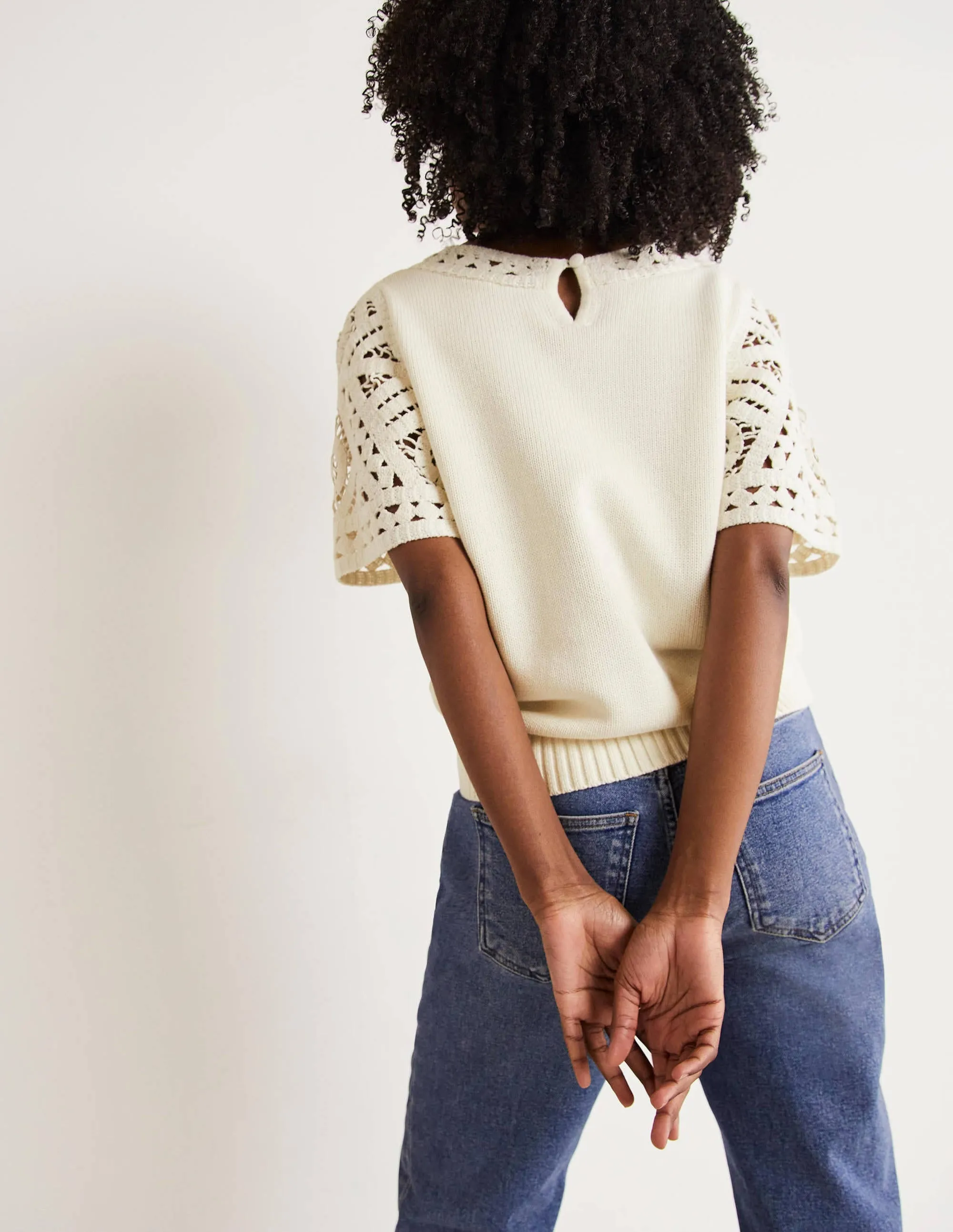 Crochet Detail Knitted T-shirt-Ivory