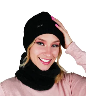 Winter Warm Knitted Beanie and Warm Scarf Set for Women - Black Color