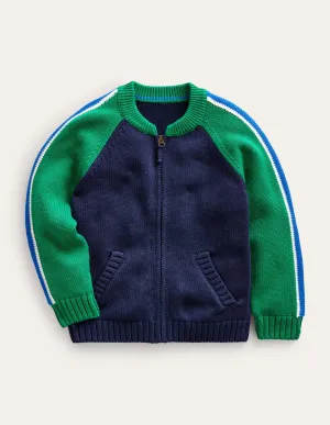 Zip Through Knitted Bomber-Deep Green/Navy